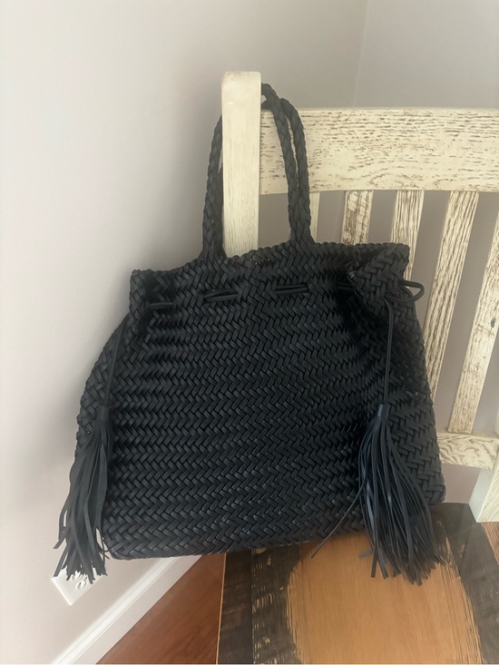 Black Woven Fringe Drawstring Shoulder Bag - Women Bags